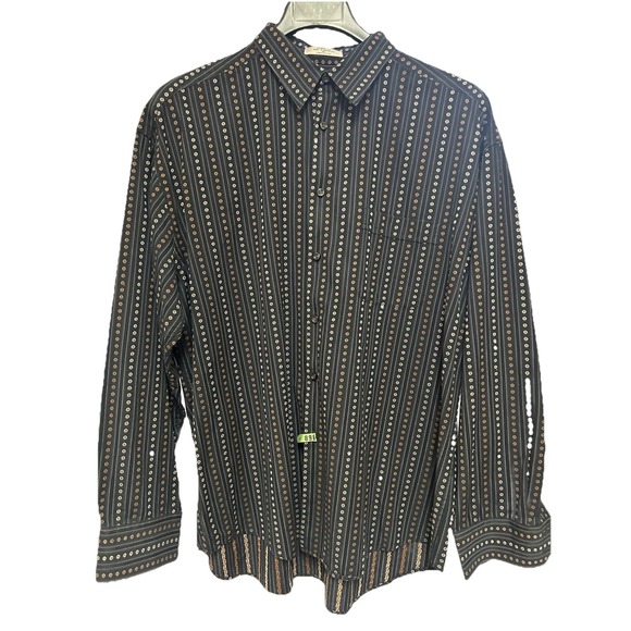 Geoffrey Beene Dress Shirt Mens XL Black/ Brown/Tan Striped Button -Up Cotton - Picture 1 of 9
